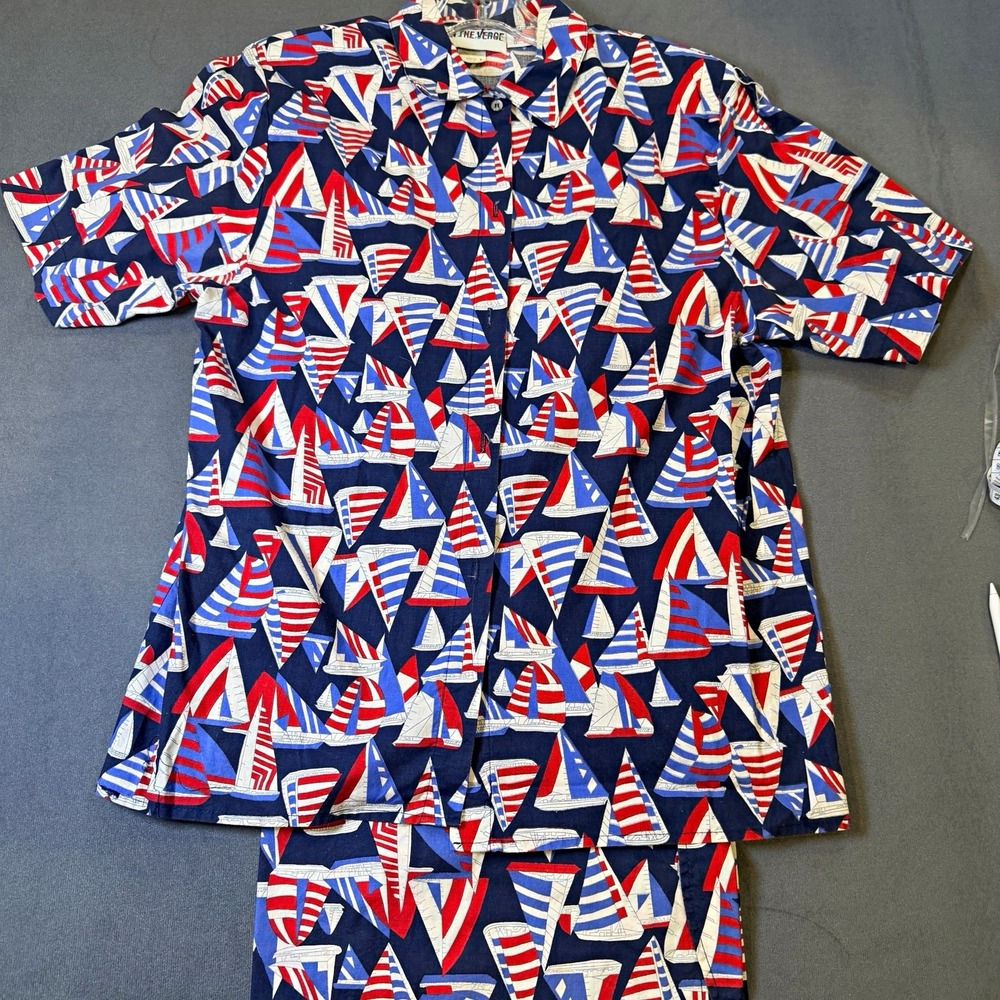 VTG On The Verge Cotton Sailboat Shirt Skirt Matching Set Red White Blue Medium
